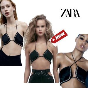 Zara black beaded rhinestone embellished satin bralette crop top Sz L NWT